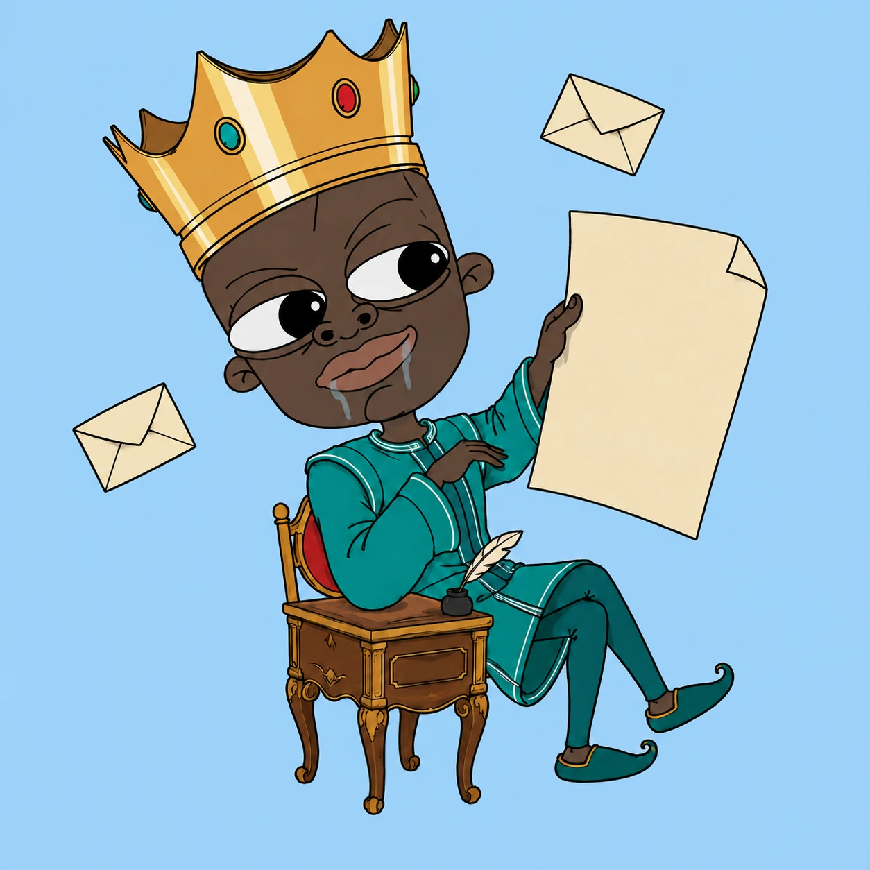 PRYNCE in an enormous gold crown at a tiny writing desk, presenting a very important blank letter