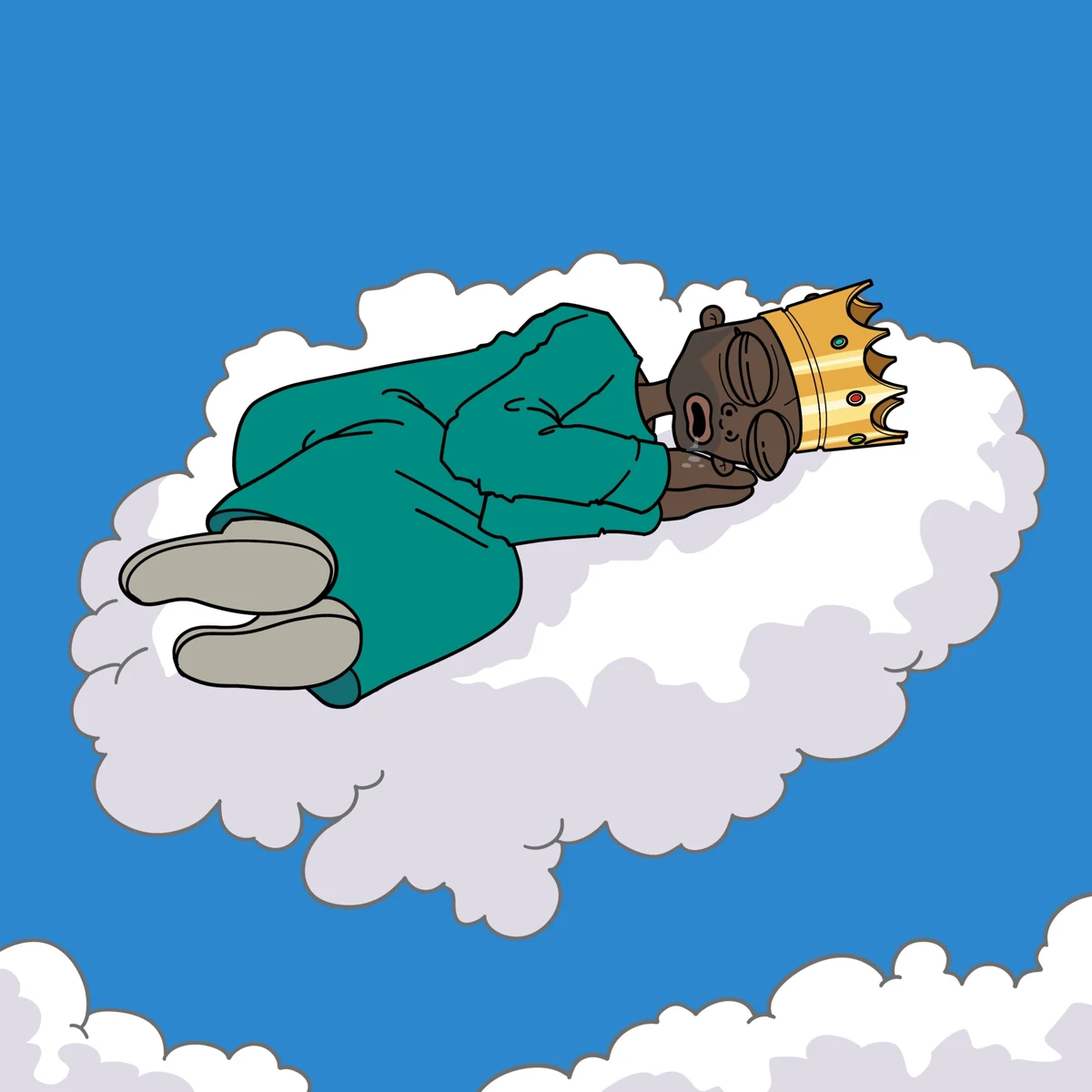 PRYNCE sleeping in his teal robe on a small cloud