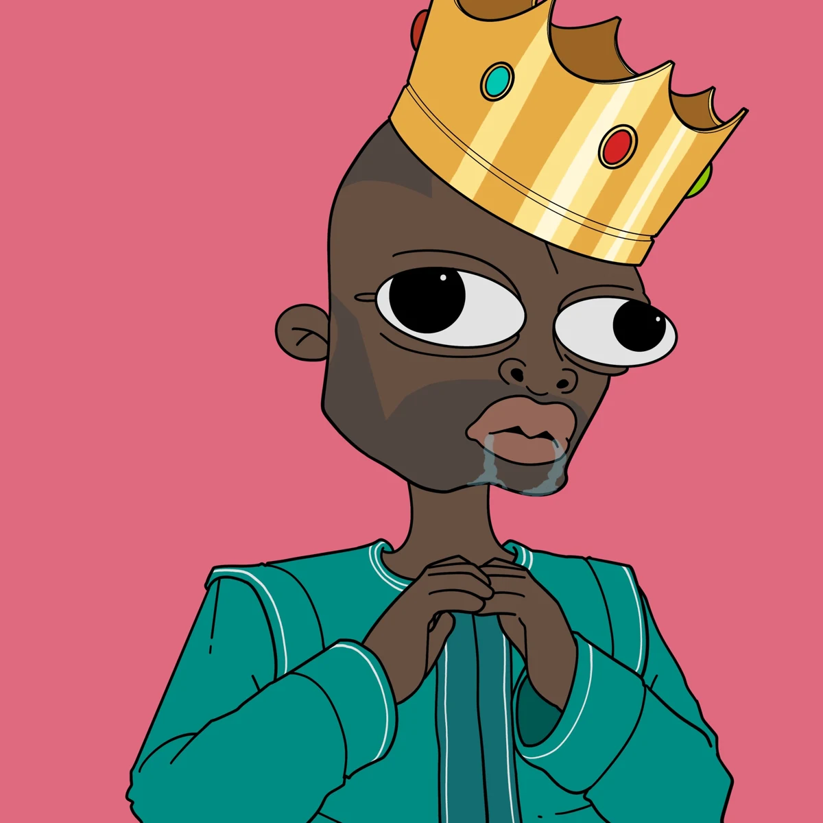 PRYNCE with clasped hands and a patient sideways glance on a pink background